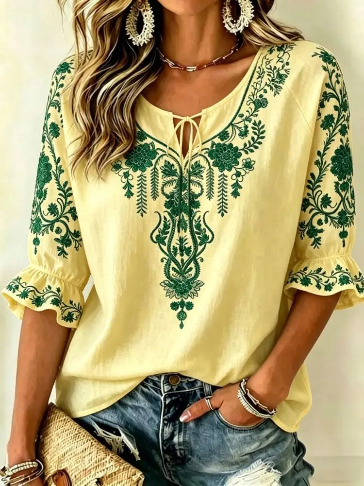 Women's Pink Floral Embroidered Tie Neck Blouse, Casual Loose Tops for Spring Summer Daily Wear & Vacation Occasions