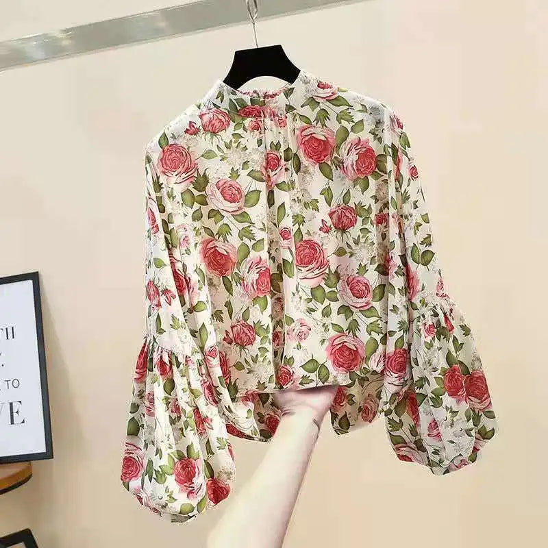 Floral Print Vintage Chiffon Stand Collar Lantern Sleeve Pullover Women's Blouse Shirt Casual Female Clothing Tops Fashion 2024