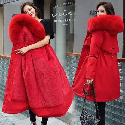 Langer wattierter Damen-Winterparka mit Kapuze