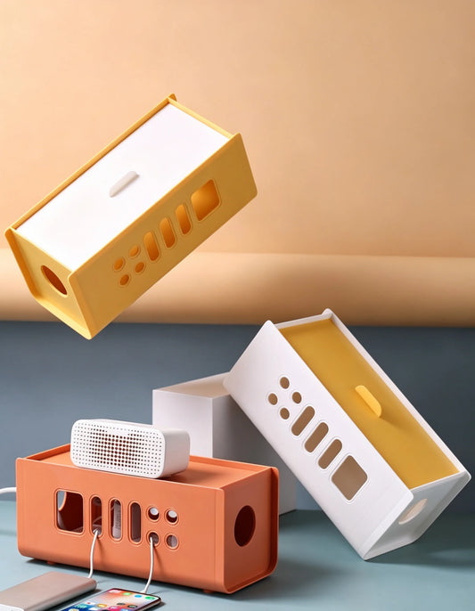 Yellow, white, and terracotta cable and wire storage boxes with charging cutouts
