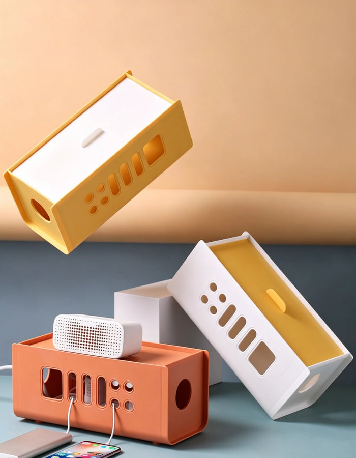 Yellow, white, and terracotta cable and wire storage boxes with charging cutouts