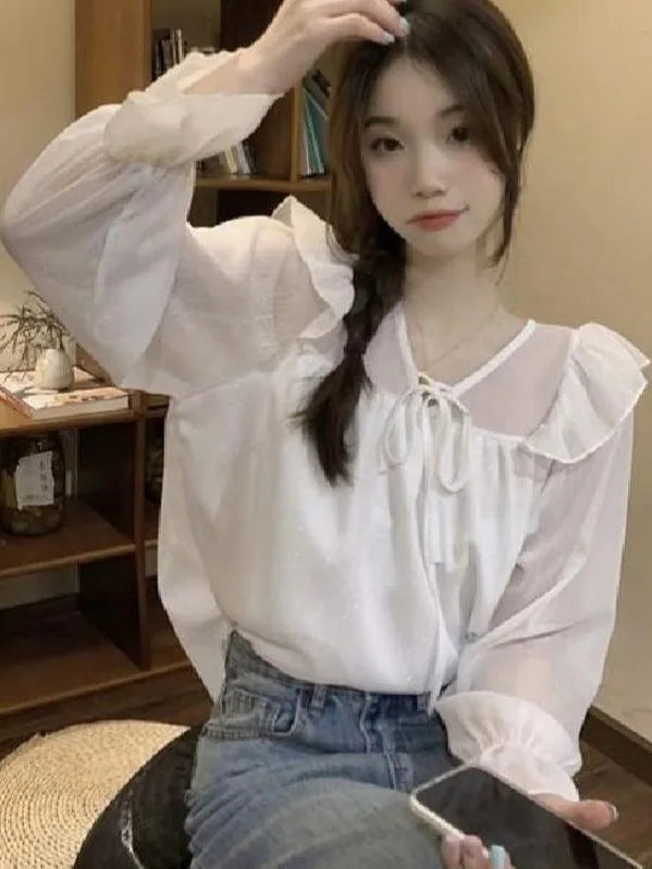 V-Neck Lace-Trim Chiffon Blouse
