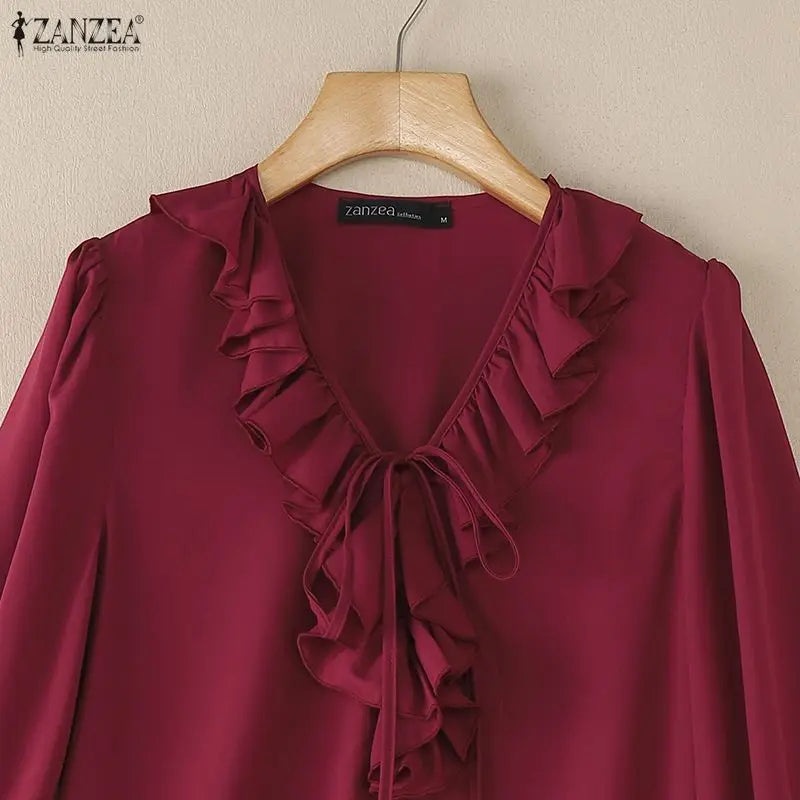 Ruffle Lace-Up Lantern-Sleeve Blouse