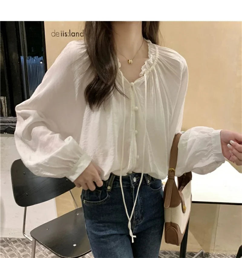 French Solid Color Leisure Women Sweet Solid Color V-neck Ruffled Edge Pullover Shirt Female Loose Fitting Lantern Sleeve Blouse