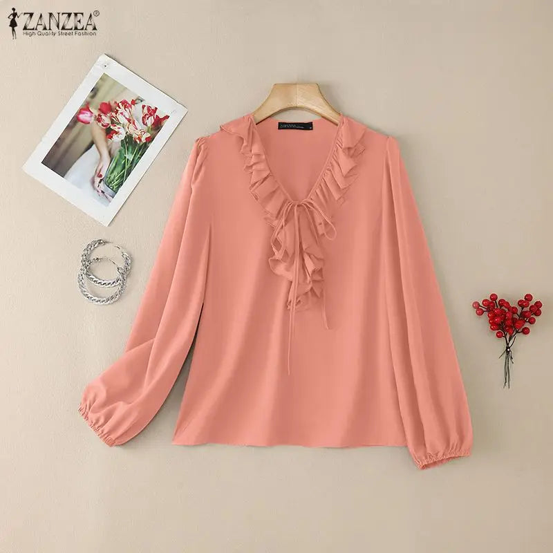 Ruffle Lace-Up Lantern-Sleeve Blouse