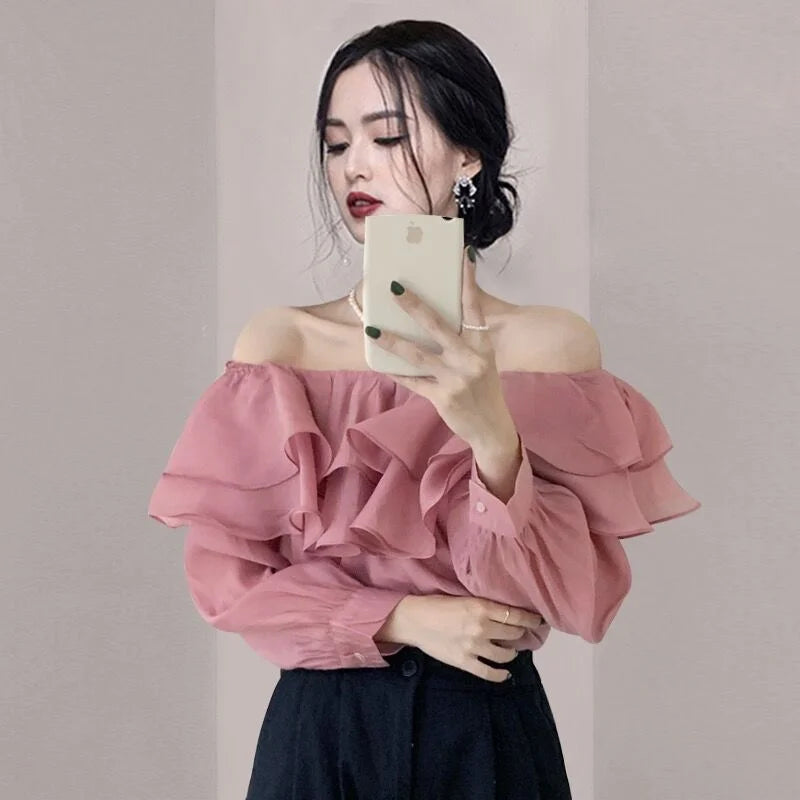 2026 Korean Elegant Sweet Lyocell Blouse Fashion Autumn Off Shoulder Ruffle Slash Neck Long Sleeve Shirt Plus Size Spring Tops