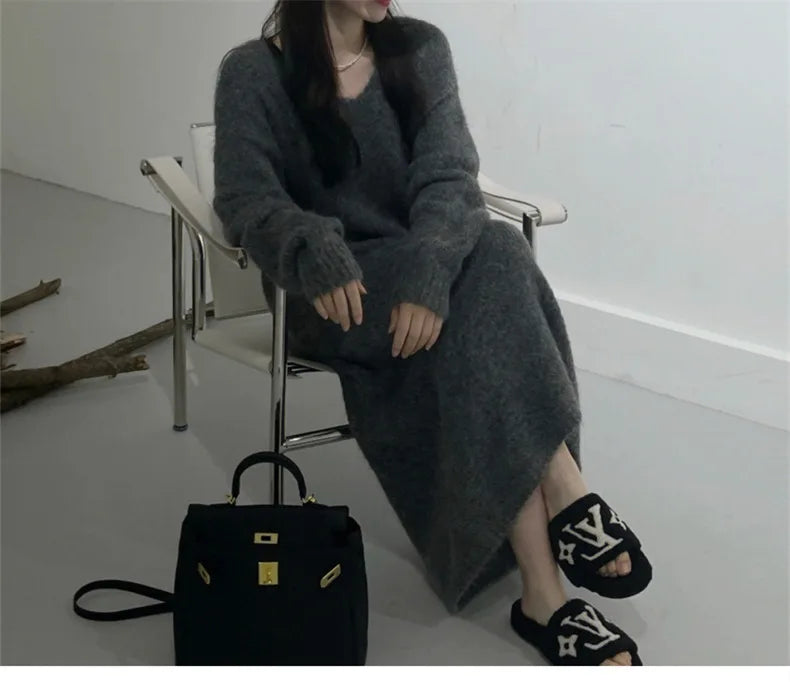 Women's Loose V-Neck Ankle-Length Dress