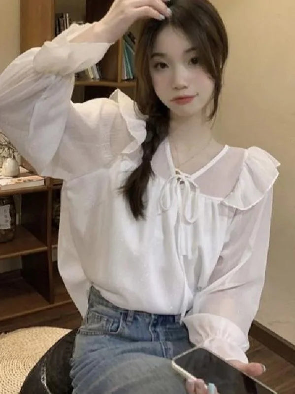 V-Neck Lace-Trim Chiffon Blouse