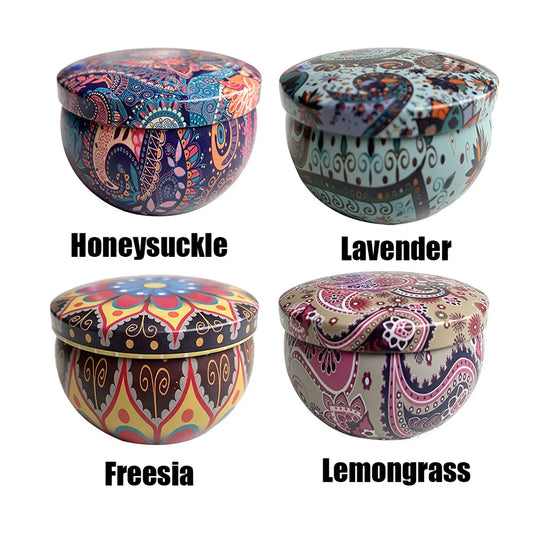 Exquisite Scented Candles in a Tin Box, Containing 4 Flavors Including Honeysuckle, Lavender, Lemongrass, and Freesia, Essential Oil-Infused, with Long-Lasting Fragrance, Suitable for Home, Office, Yoga, and Meditation