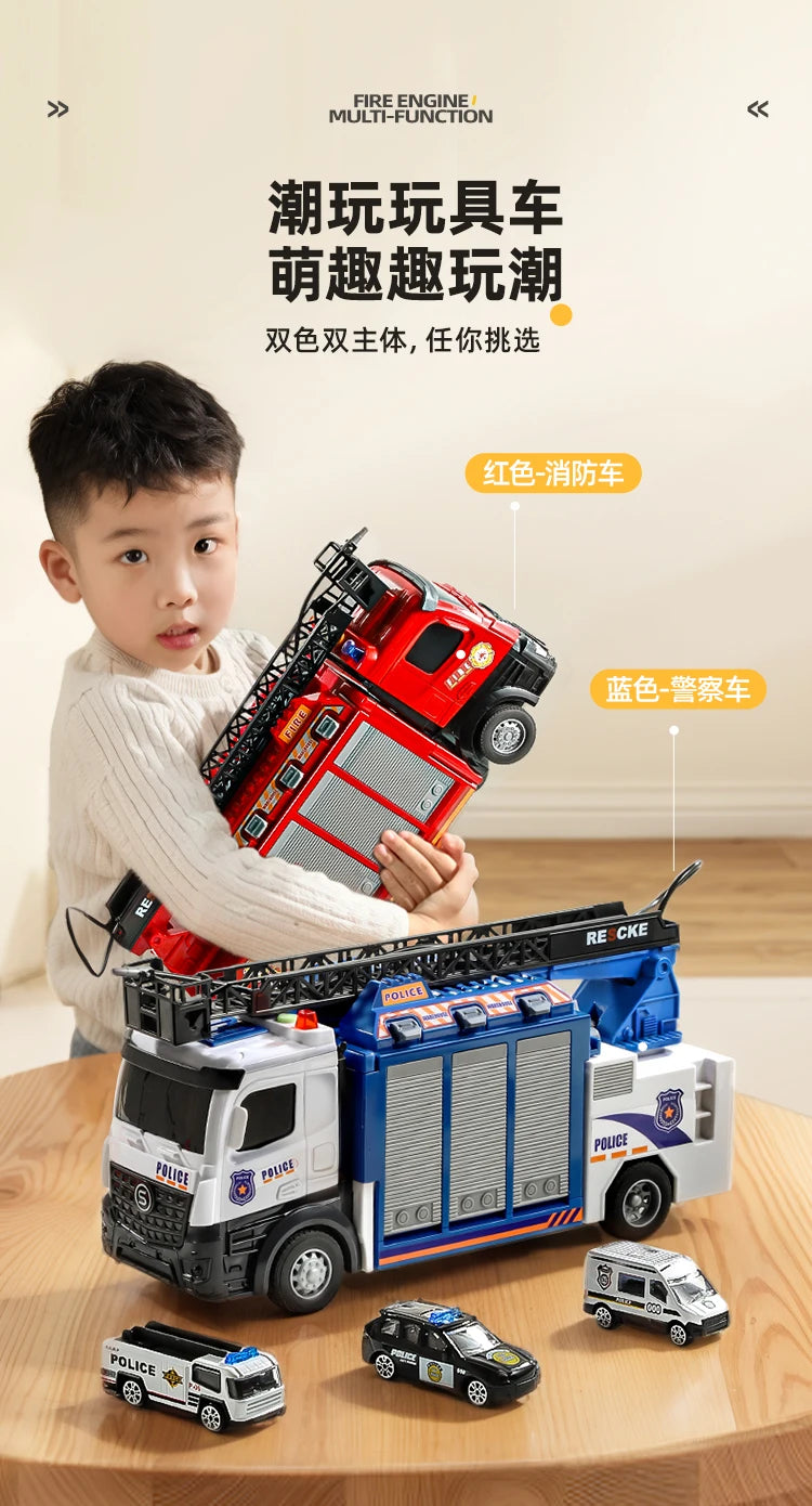 Alloy Fire Truck Toy with Extending Ladder – Transforming Rescue Truck