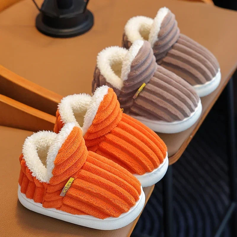 Kids' Striped Plush Slippers – Warm Non-Slip Heel-Wrap House Shoes