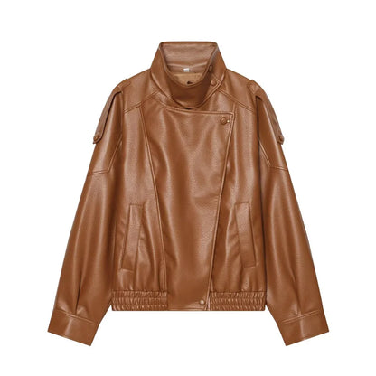 Chaqueta de cuero sintético con cremallera para mujer Guobioziy