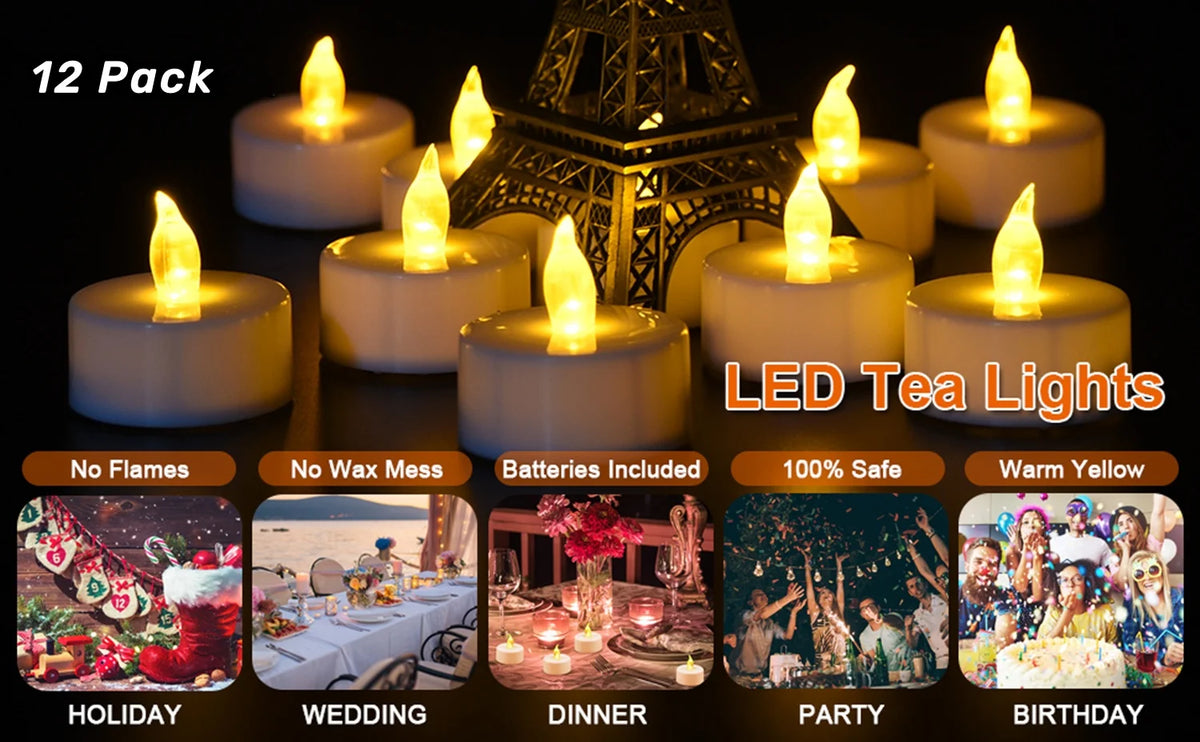 Candlium 12 Pack Warm Yellow LED Flameless Tea Light Candles 200+ Hours Battery Powered Perfect For Wedding Anniversary Decor
