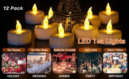 Flammenlose LED-Teelichter | 12er-Pack | 200+ Stunden Batterielaufzeit | Warmes Licht für Hochzeiten & Heimdekoration