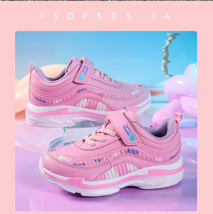 Zapatillas deportivas impermeables para niñas, zapatillas casual de cuero rosa transpirables, a la moda, antideslizantes, ligeras para niños.