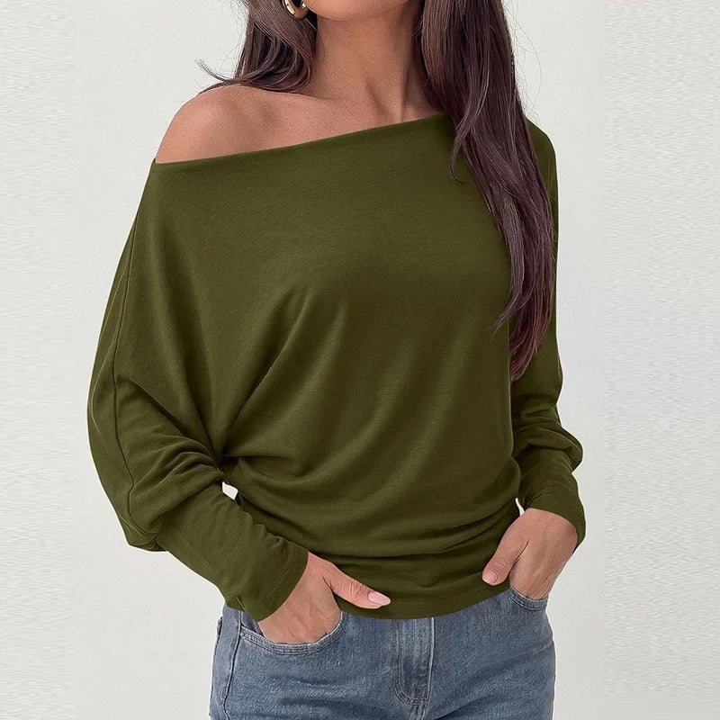 Elegant Off Shoulder Women T-Shirts Solid Color Long Sleeve Shirts For Women Spring Autumn Loose Pullover Lady Basic Tops