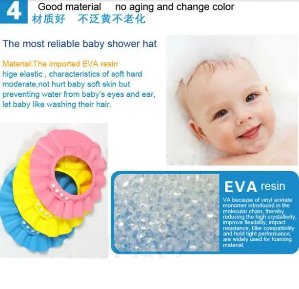 Baby shower hat with text about material reliability and EVA resin properties.