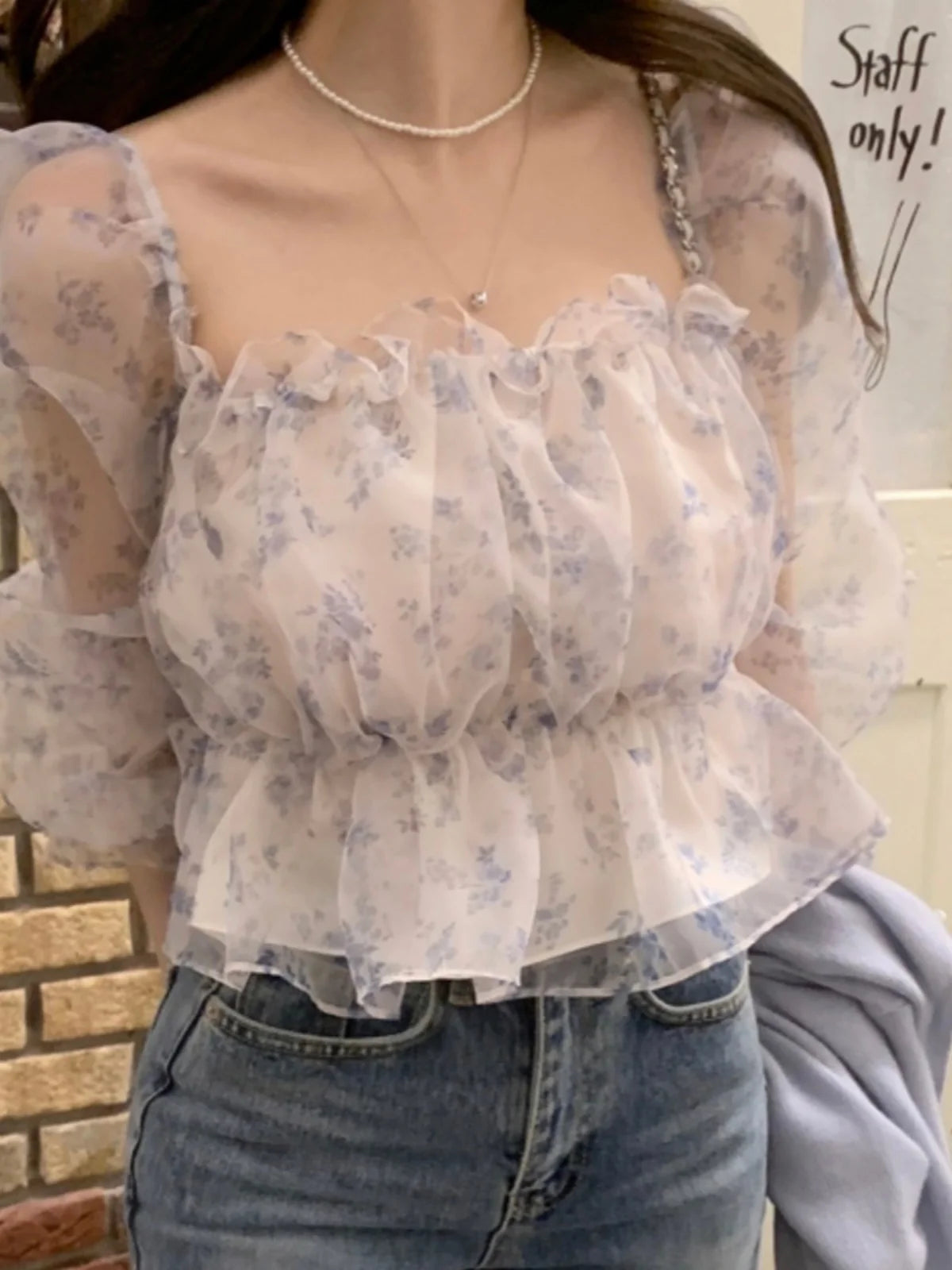 Chic Spring Women's Blouse Gentle Shoulder Bared Floral Bubble Sleeve Chiffon Top Korean Style Loose Fit Long Sleeve Short Le...