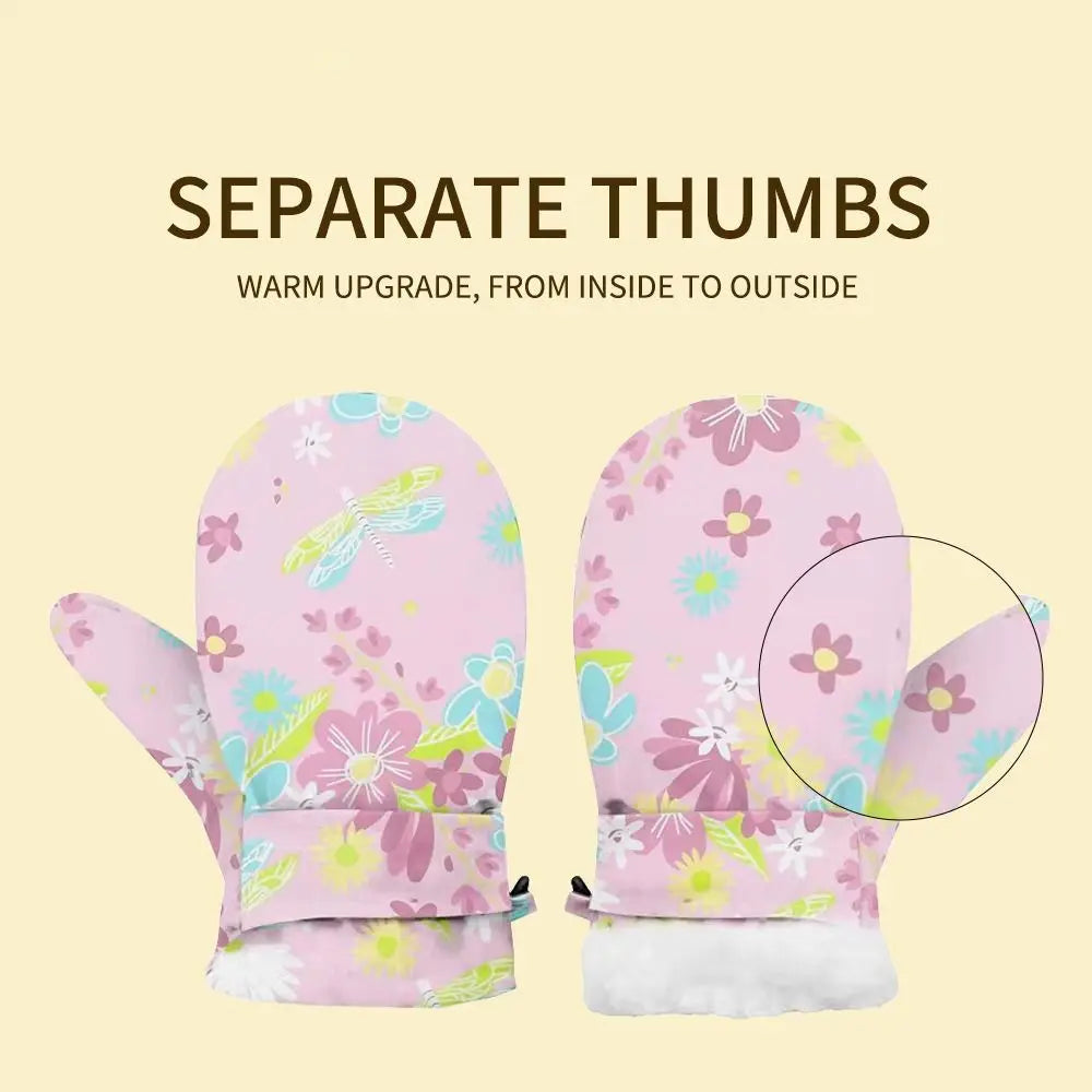 Kids' Floral Fleece-Lined Snow Mittens with Anti-Lost Clip