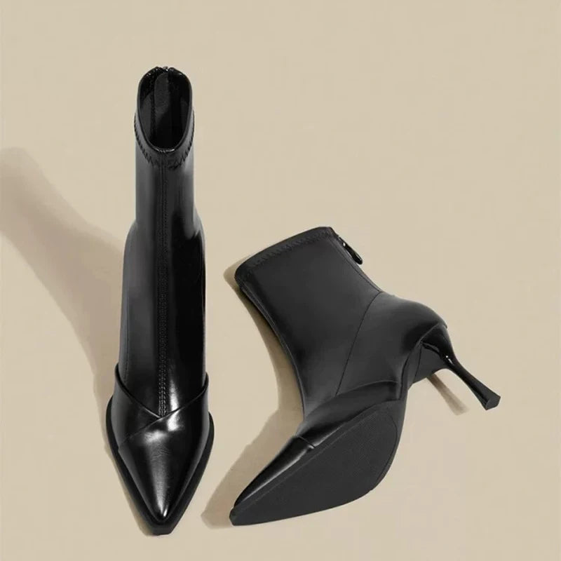 Black Pointed Toe High Heel Short Boots Women's Autumn Winter New Style Elastic Slim Fit Short Tube Boots Korean Version