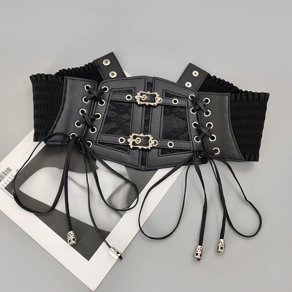 Lace-Up Corset Belt with Chain – Wide Faux Leather Waist Belt