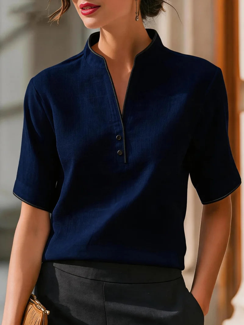 Women's V-Neck Button Detail Contrast Trim Blouse – Short Sleeve Casual Top