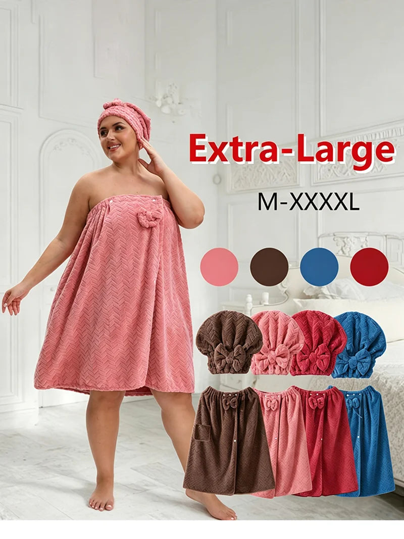 Wearable Bath Towel & Hair Cap Set for Women – Sizes M to 4XL