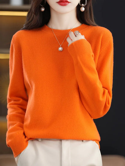 Suéter de moda 100 % lana merina, elegante jersey de cachemira para mujer, prenda básica de punto con cuello redondo y manga larga, top tipo jersey