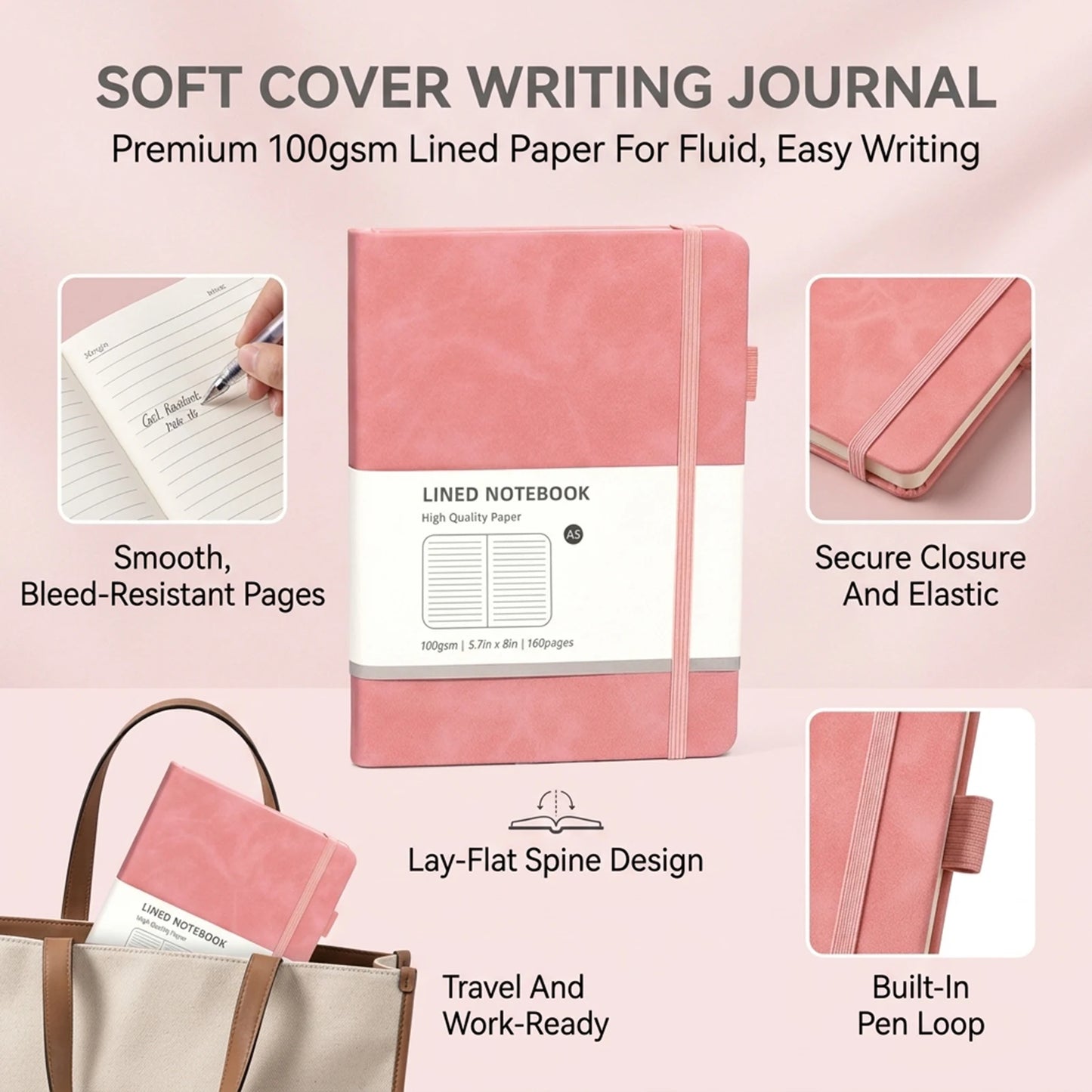 A5 Hardcover Notebook Macaron Colors Business Planner with Elastic Band Dot Grid and Lined Pages Portable Durable for School