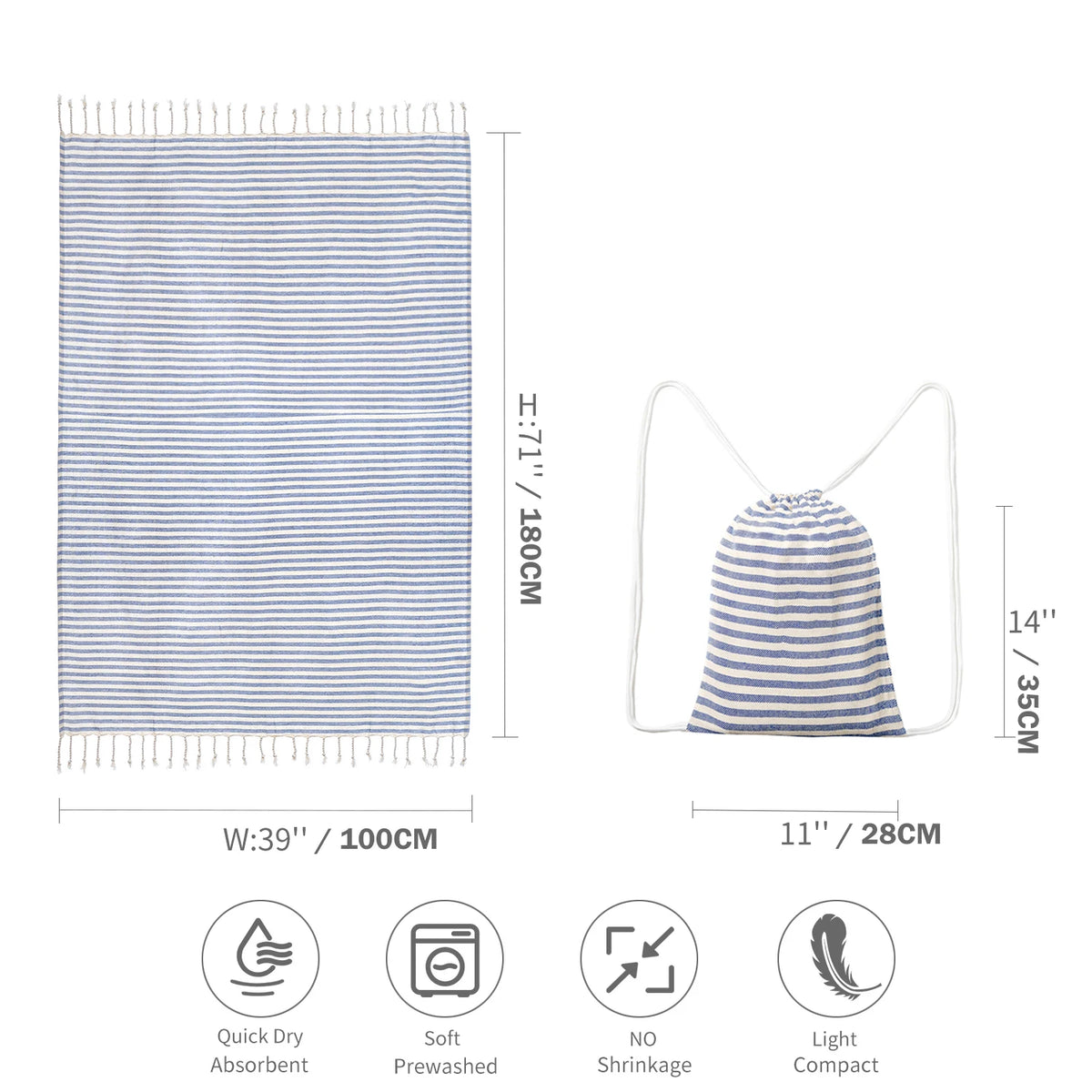 Turkish-Style Striped Tassel Towel – Large 100 × 180 cm