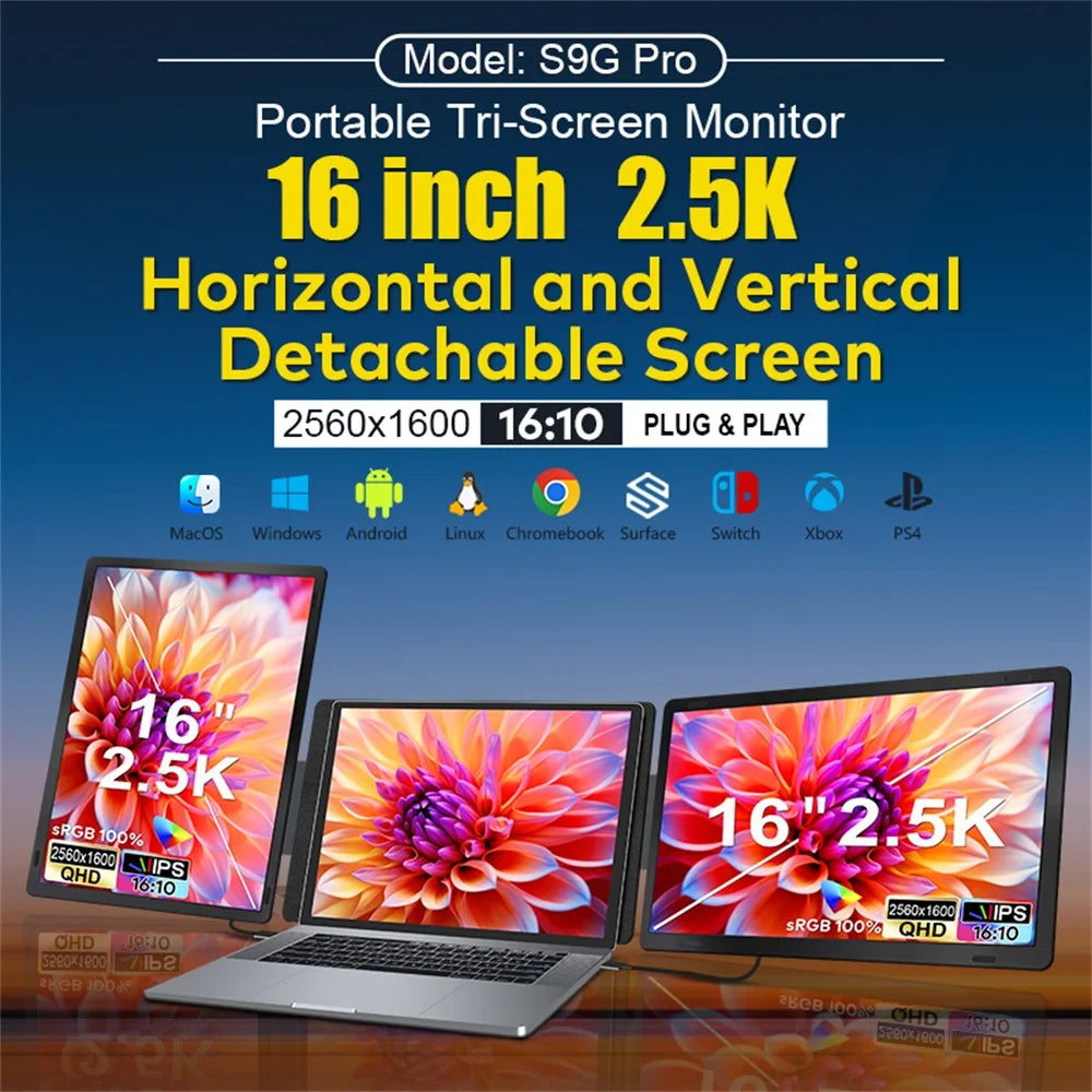 Rospider 16" 2.5K Portable Tri-Screen Monitor – Detachable Triple Screen Extender for Laptops, QHD IPS Display