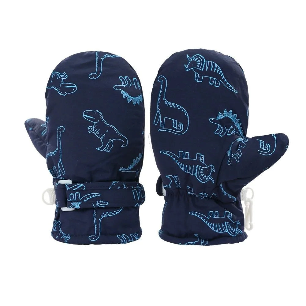 Toddler Dinosaur Snow Mittens – Fleece-Lined, Sizes S, M, L