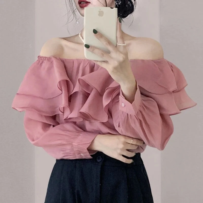2026 Korean Elegant Sweet Lyocell Blouse Fashion Autumn Off Shoulder Ruffle Slash Neck Long Sleeve Shirt Plus Size Spring Tops