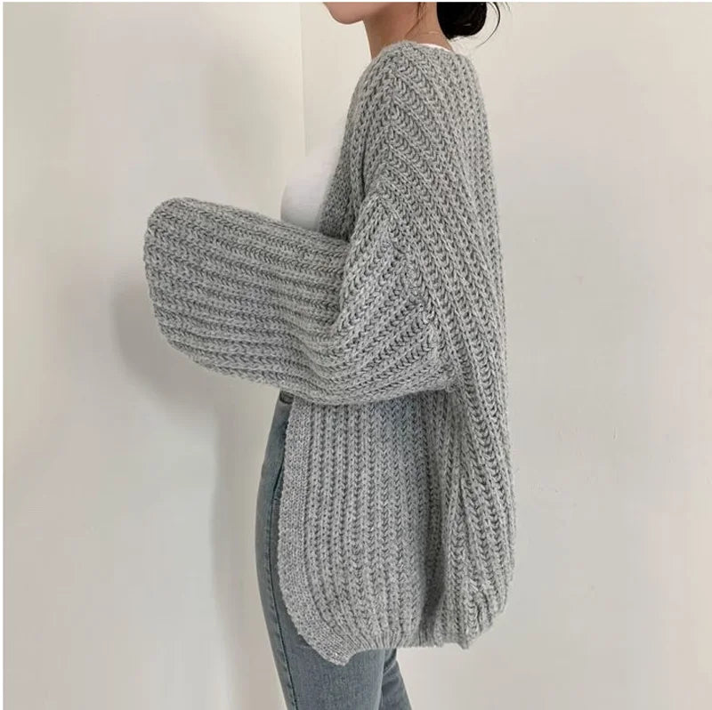 Women's Lantern-Sleeve Knit Cardigan – Relaxed Open-Front Sweater
