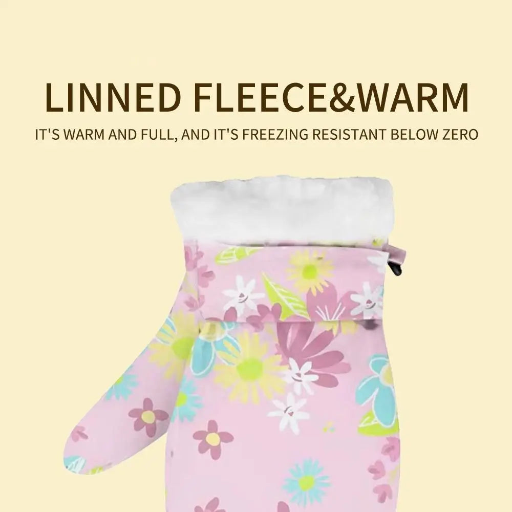 Kids' Floral Fleece-Lined Snow Mittens with Anti-Lost Clip