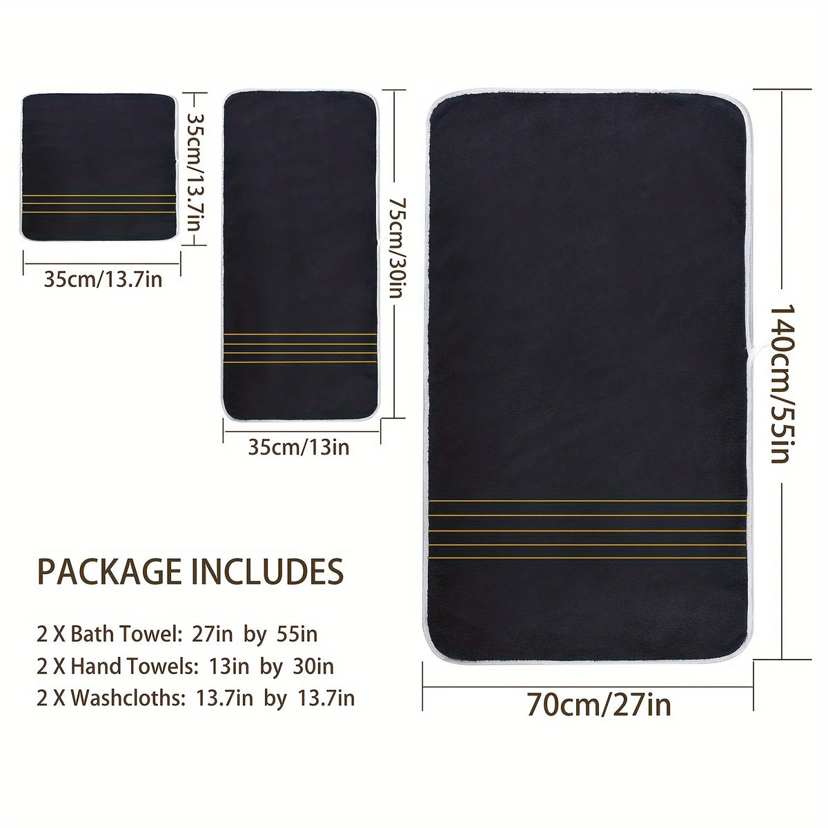 Gold Accent Bath Towel Set – White, Grey or Navy, 2 to 8 Pieces