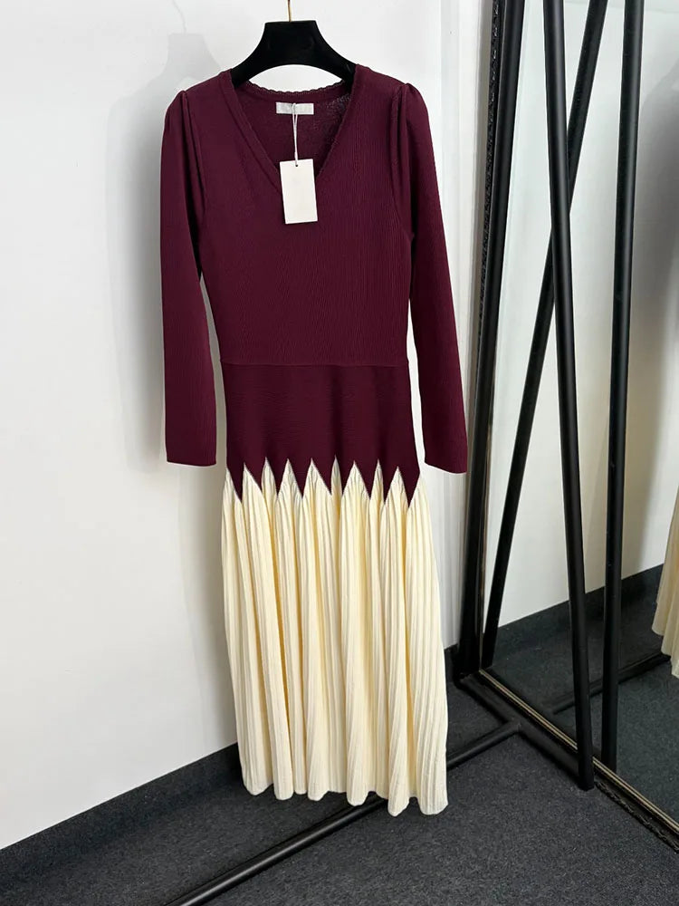 Women's V-Neck Patchwork Knit Midi Dress