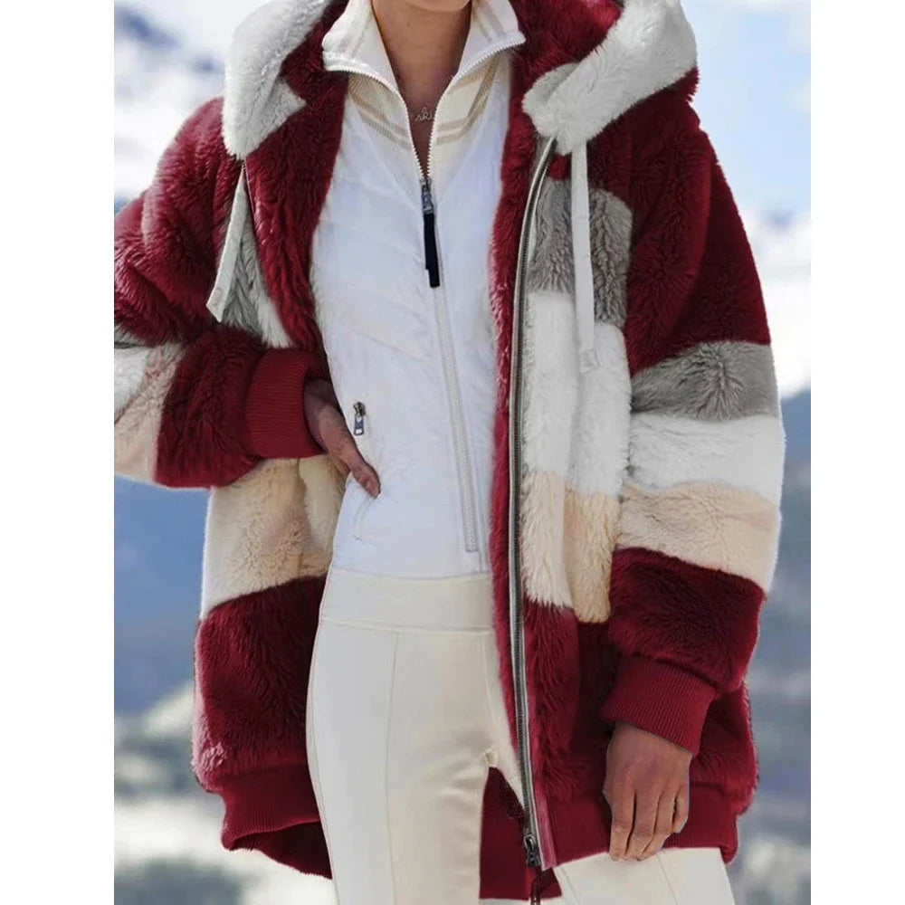 Winter Fashion Women's Coat 2026 Hooded Zipper Ladies Jacket Spliced Thick Cashmere Women Jacket Stitching Plaid Ladies Coats