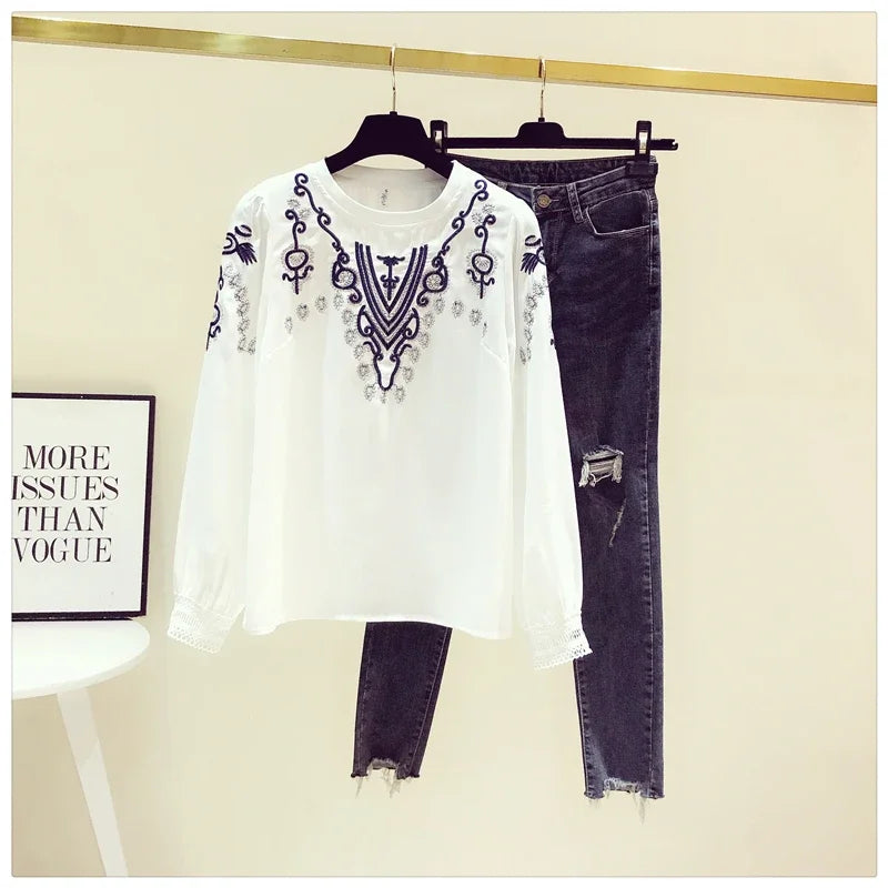 Korean Fashion Embroidery White Blouse Female Chiffon Female Long-sleeved Blusa Early Autumn New Shirt Tops KK1471