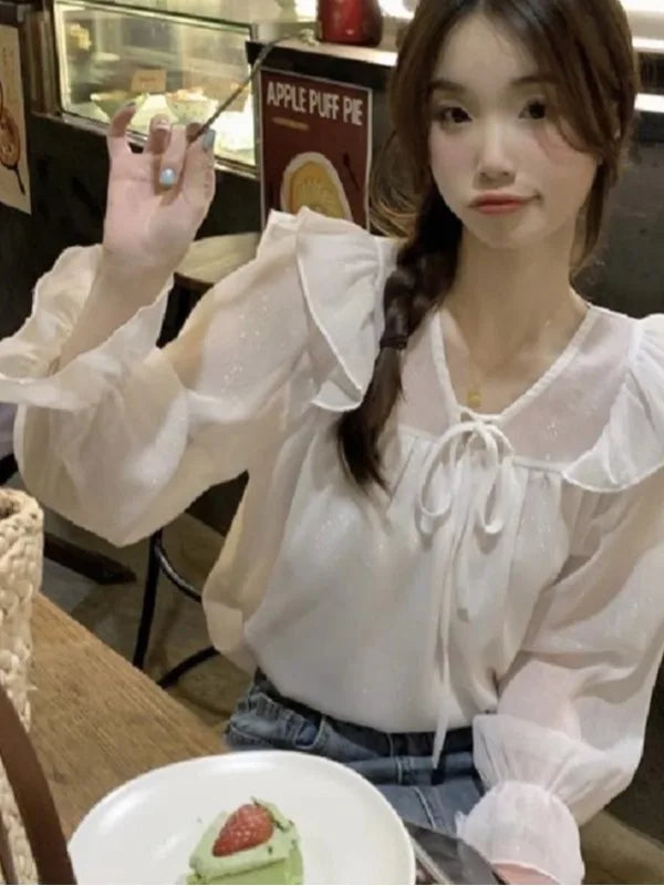 V-Neck Lace-Trim Chiffon Blouse