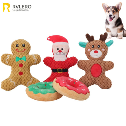 Plüsch-Kauspielzeug für Hunde mit Quietschgeräusch, Weihnachtsmotiv mit Nikolaus, Rentier, Lebkuchenmännchen und Donut, Weihnachts-Plüschspielzeug für Katzen und Hunde, Quietsche-Haustierspielzeug