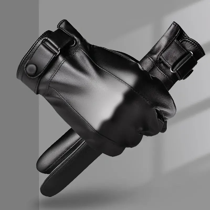 Men's Velvet-Lined Faux Leather Winter Gloves – Black