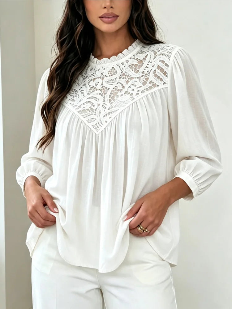 Mori New Chic Women Spring Autumn Lace Spliced Chiffon Blouse Ruffle Neck Lantern Long Sleeve Loose Fit Elegant Daily Tops