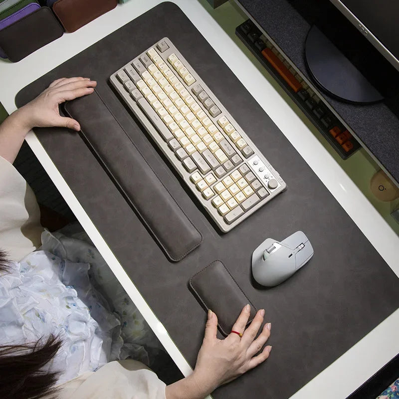 Large PU Leather Desk Mat with Keyboard Wrist Rest & Mouse Wrist Pad, Non-Slip Extended Pad for Office Gaming Desktop