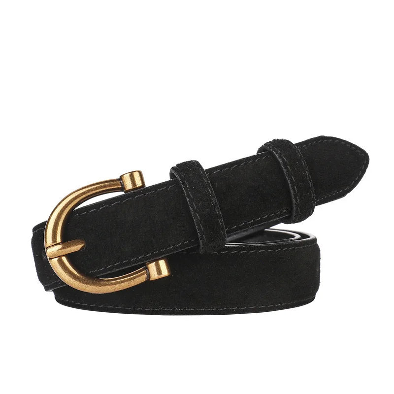 Women's Suede Belt with Gold Horseshoe Buckle