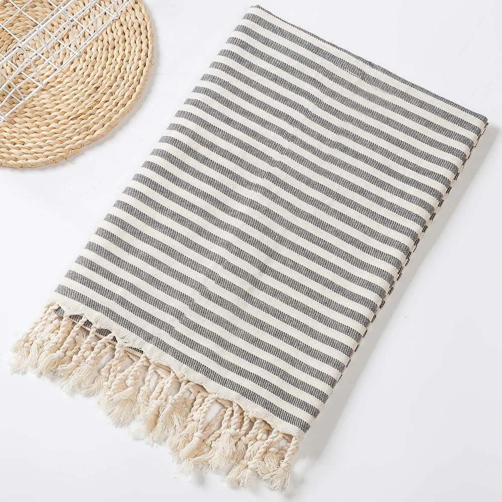 Turkish-Style Striped Tassel Towel – Large 100 × 180 cm