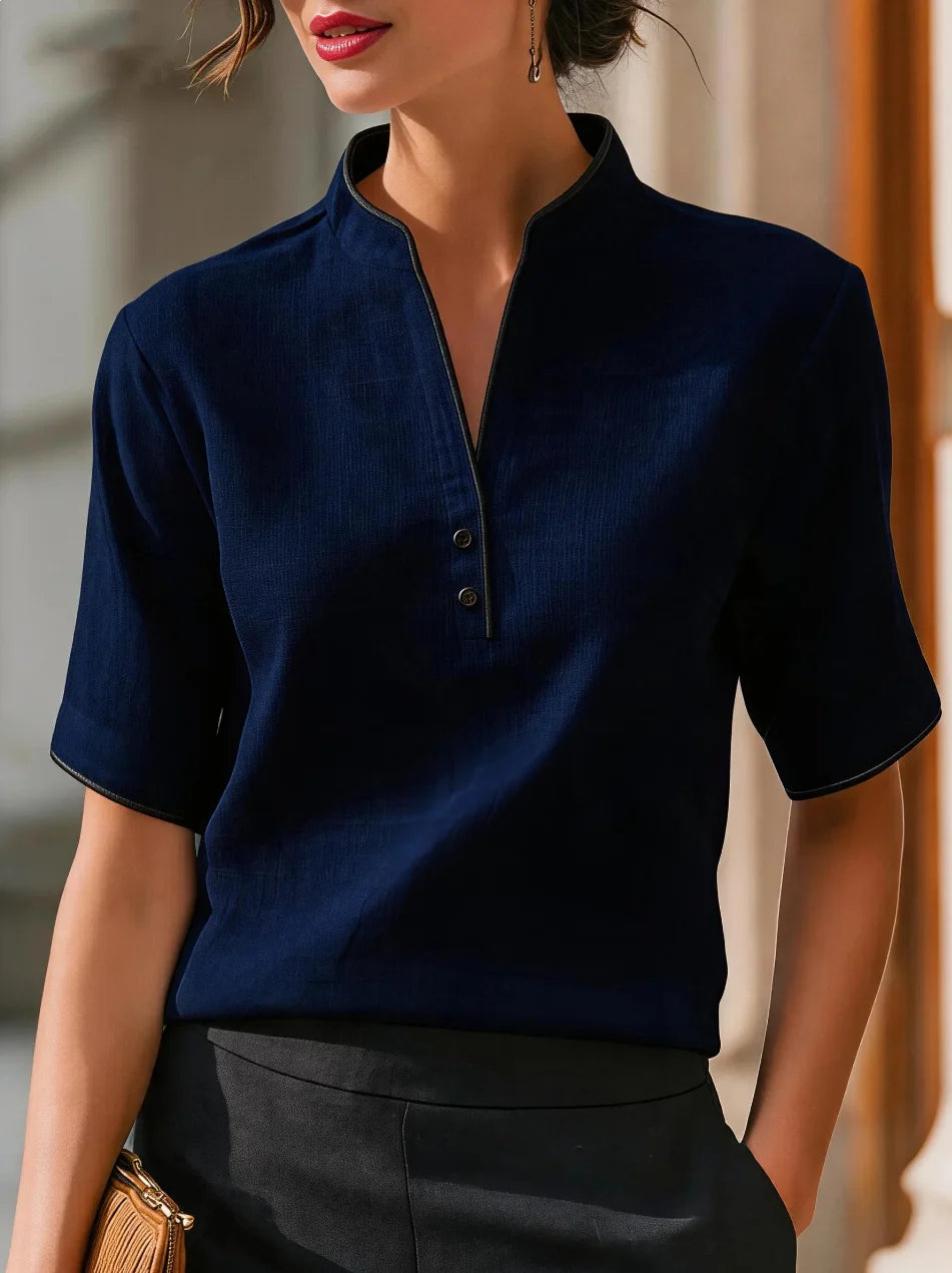 Women's V-Neck Button Detail Contrast Trim Blouse – Short Sleeve Casual Top