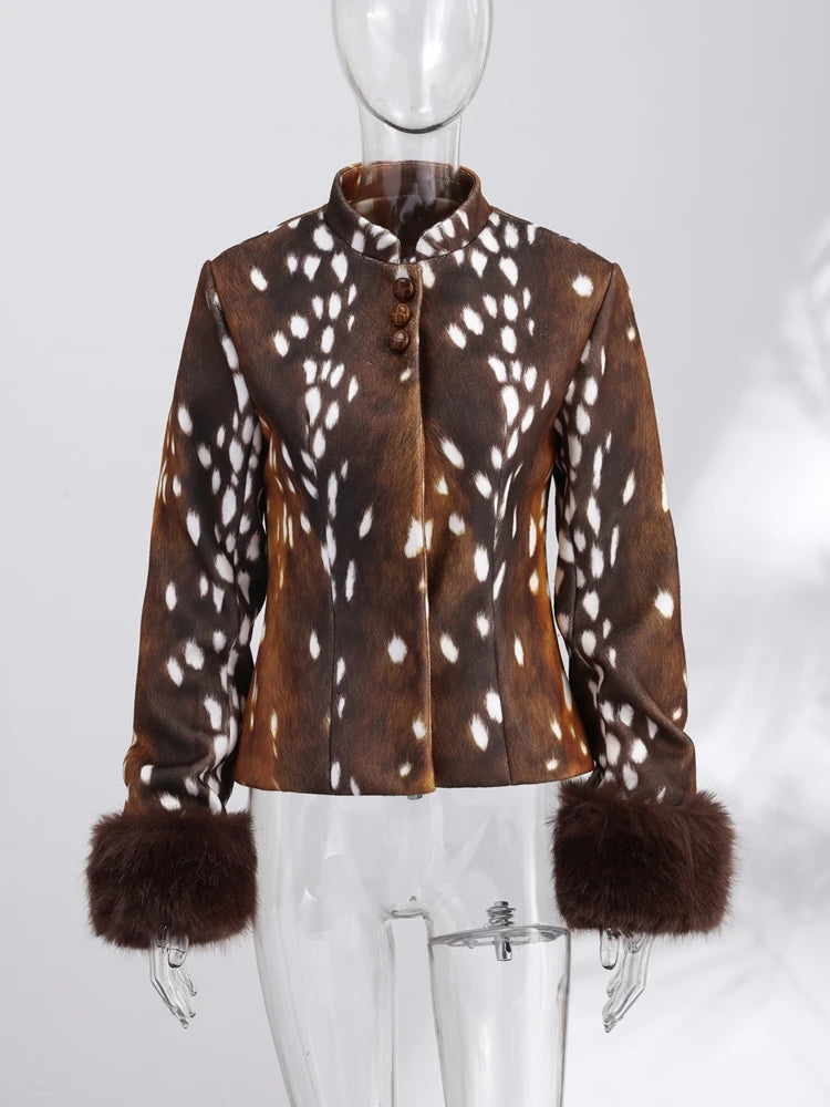 Street Leopard Print Fur Cuffs Jacket Women Stand Collar Full Sleeve Buttons Jackets 2026 Autumn Winter Fashion Lady Outwear
