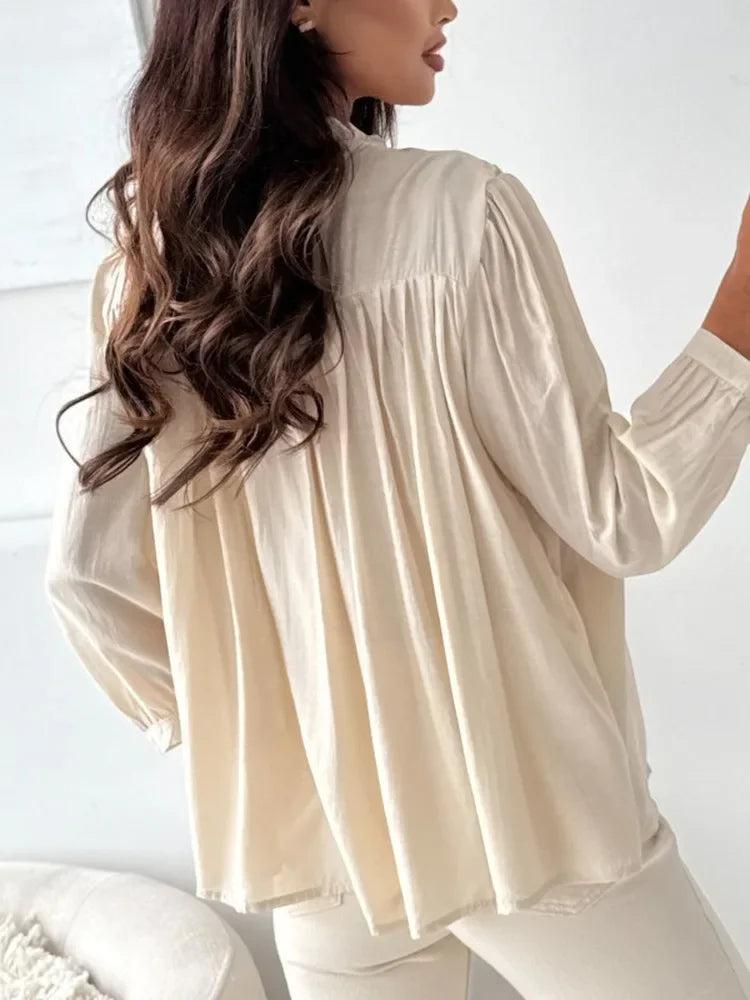 Mori New Chic Women Spring Autumn Lace Spliced Chiffon Blouse Ruffle Neck Lantern Long Sleeve Loose Fit Elegant Daily Tops