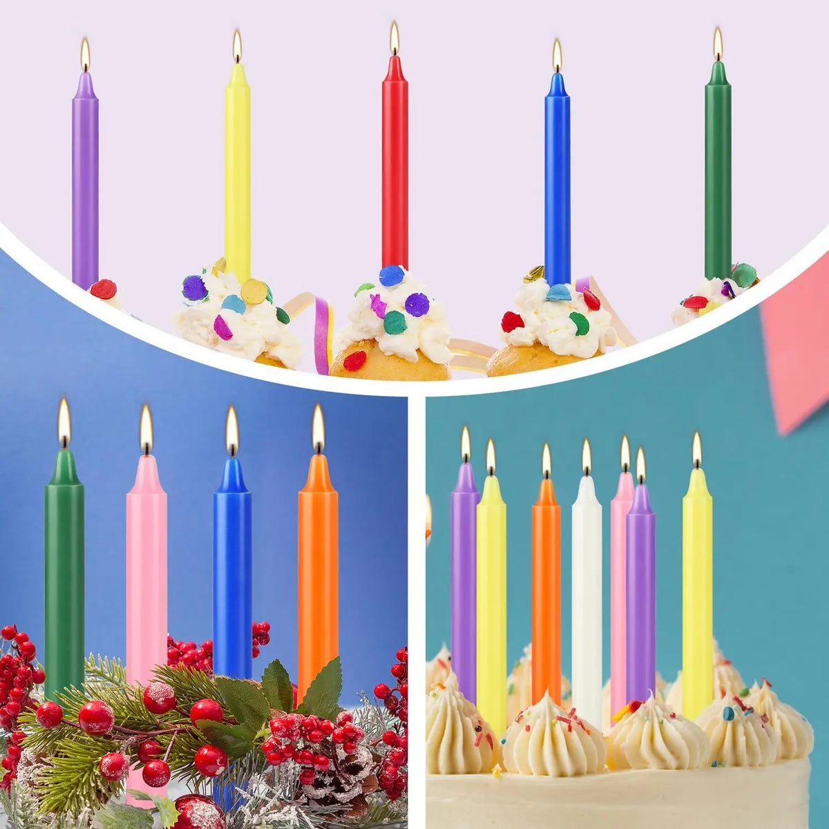 20 Colorful Small Stick Candles, Drip-Free, Smoke-Free, Unscented, Hand-Poured, High-Quality, Suitable for Various Places and Holidays. We Only Use High-Quality Wax to Make Cone-Shaped Candles, so When the Candle Burns, You W